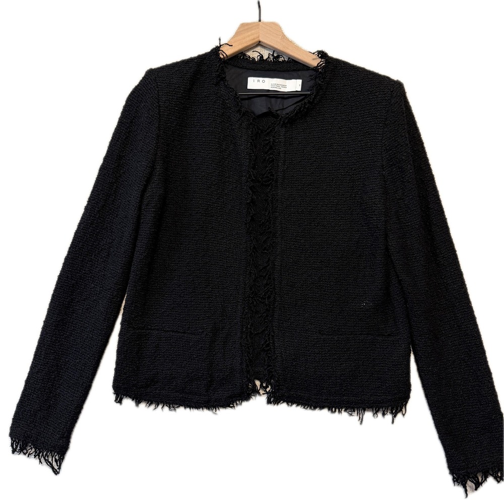 IRO Shavani Jacket Women 40 Shavani Black Cotton Blend Fringe Trim Bouclé